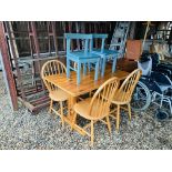 A PINE BREAKFAST TABLE AND FOUR KITCHEN CHAIRS PLUS TWO CHILD'S CHAIRS (LENGTH 122cm,