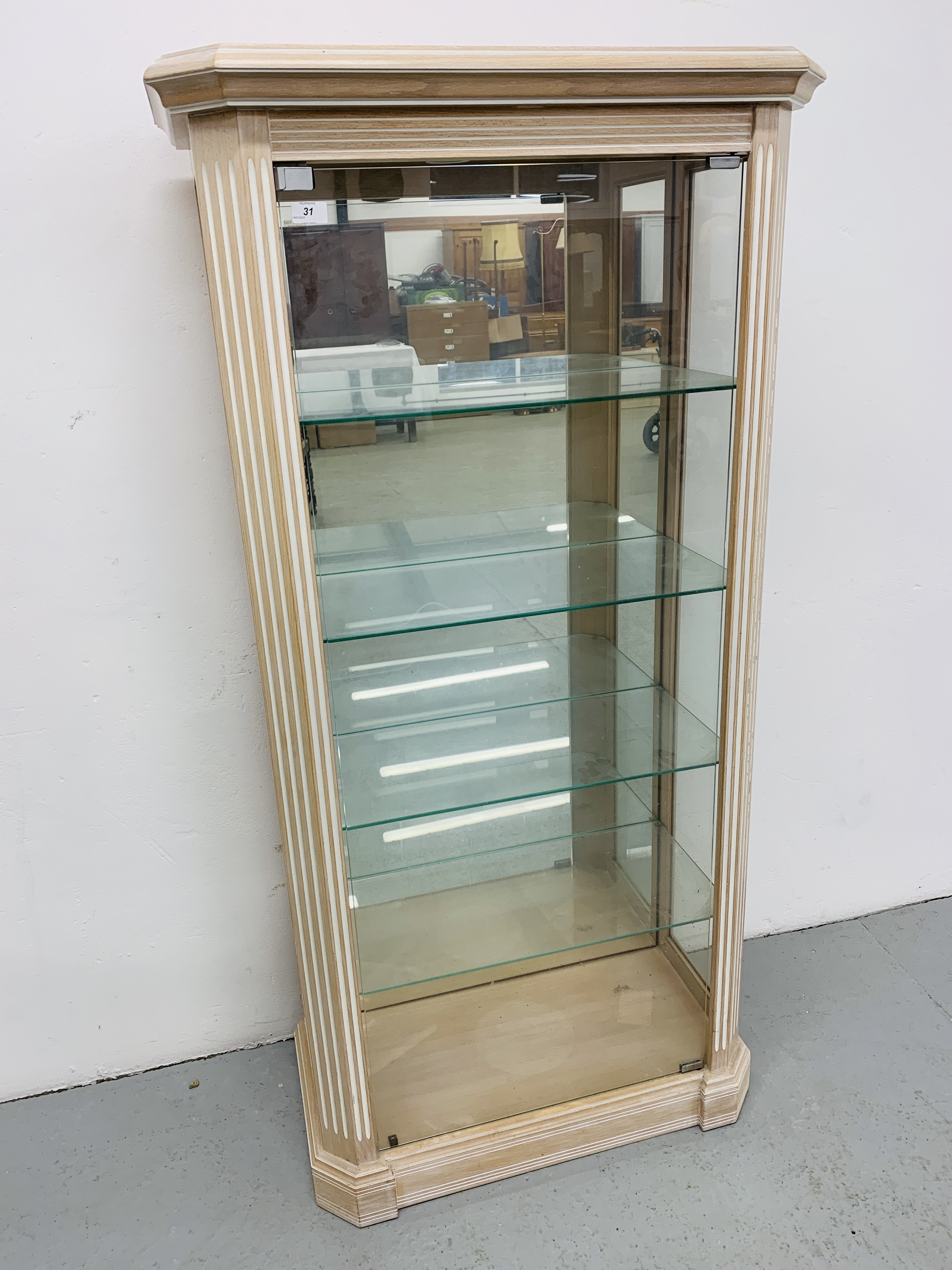 MODERN GLAZED DISPLAY CABINET WITH A LIMED FINISH & GLASS SHELVES