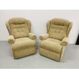 PAIR OF MODERN WING BACK FAWN UPHOLSTERED ARMCHAIRS,