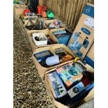 8 BOXES CONTAINING ASSORTED SHED SUNDRIES TO INCLUDE FLOOD LAMPS, EXTENSION LEADS,