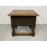 A C19TH OAK STOOL WITH HINGED TOP