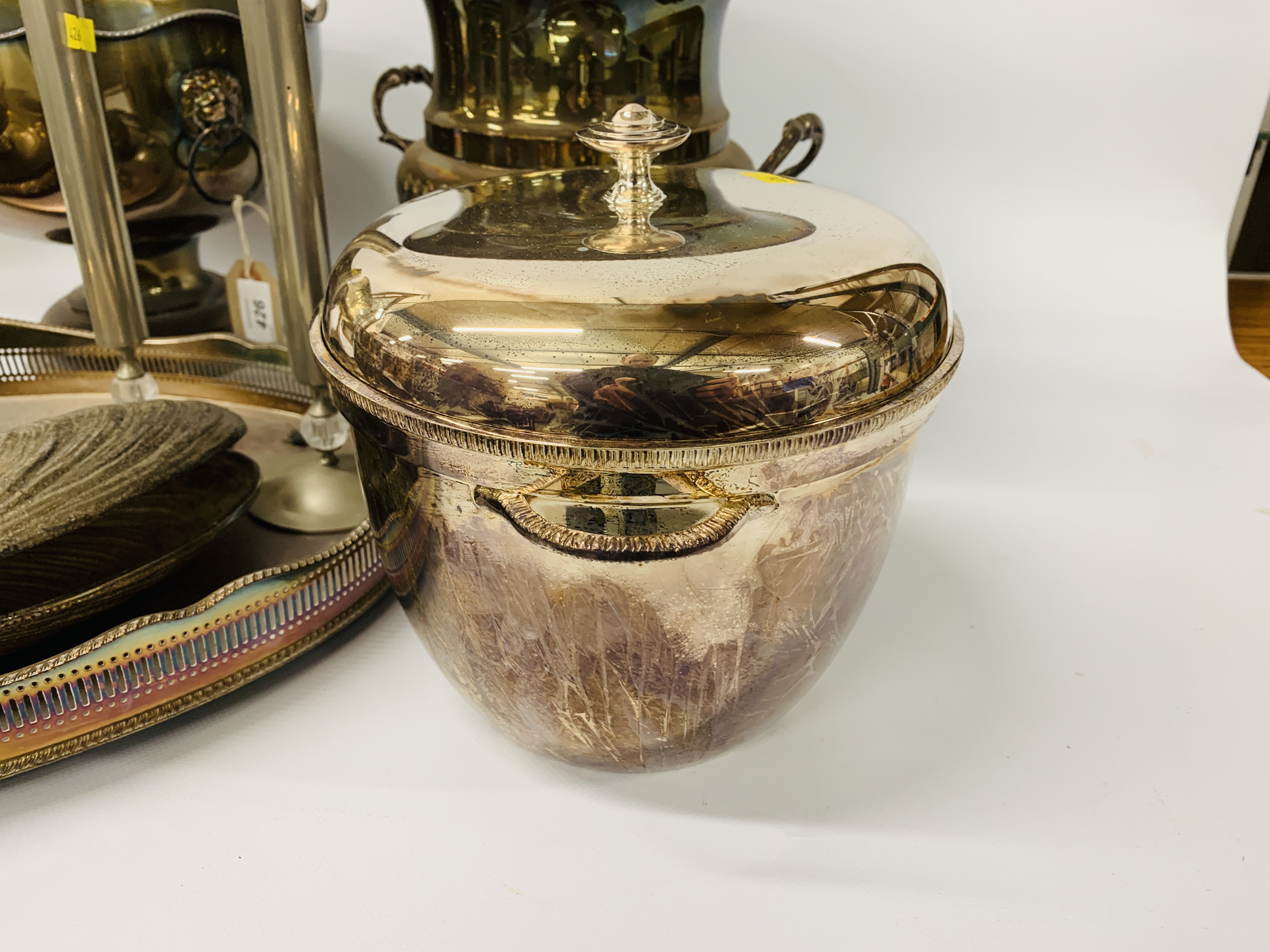 COLLECTION OF PLATED WARE TO INCLUDE TWO HANDLED GALLERY EDGE TRAY, - Image 8 of 12