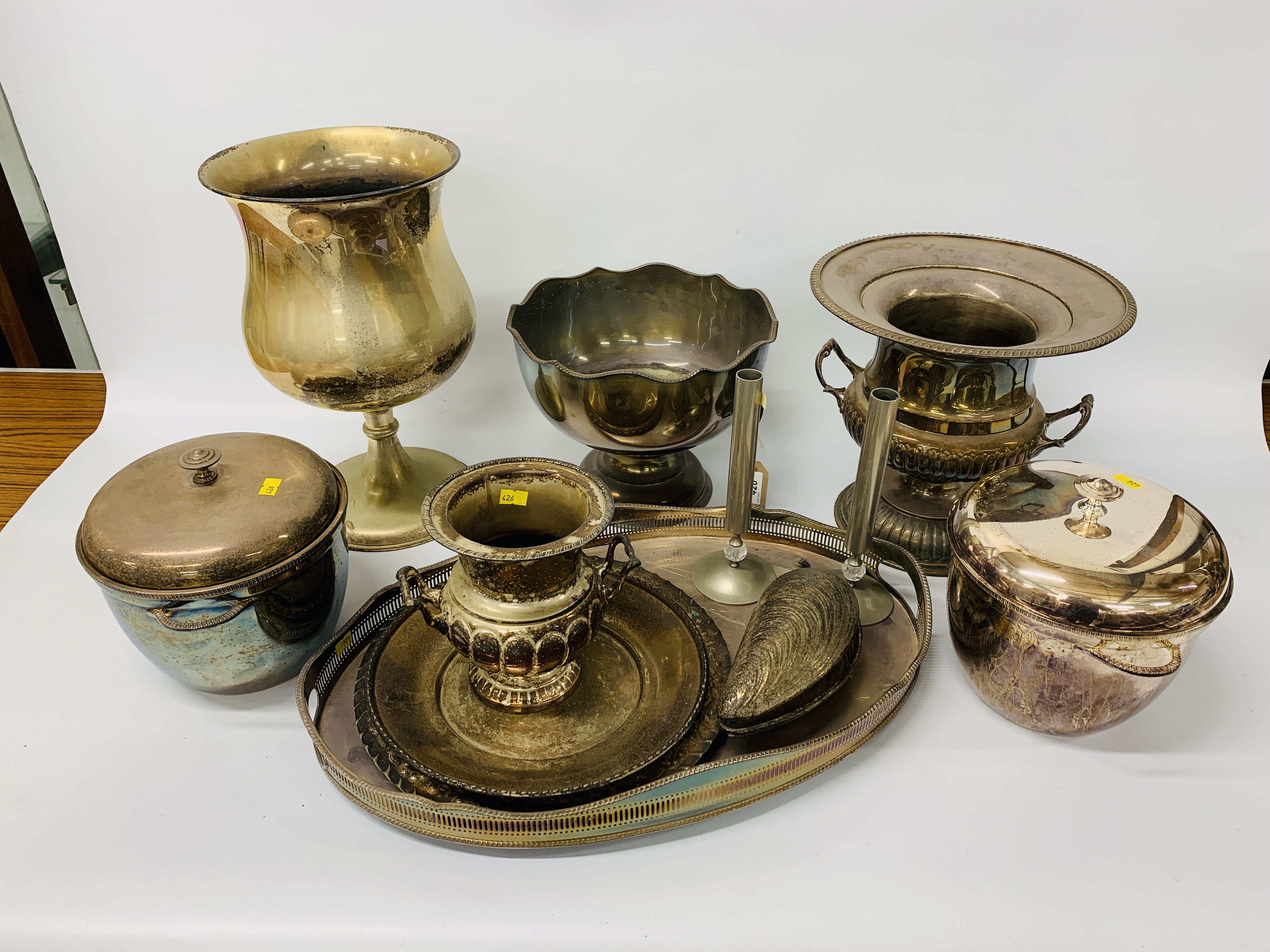 COLLECTION OF PLATED WARE TO INCLUDE TWO HANDLED GALLERY EDGE TRAY,