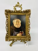 AN EICHINGER OIL ON BOARD "MERRY MONK", WIDTH 19CM HEIGHT 29.