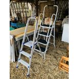 A SET OF FOUR TREAD HOUSEHOLD STEPS AND ALUMINIUM THREE TREAD STEP LADDER