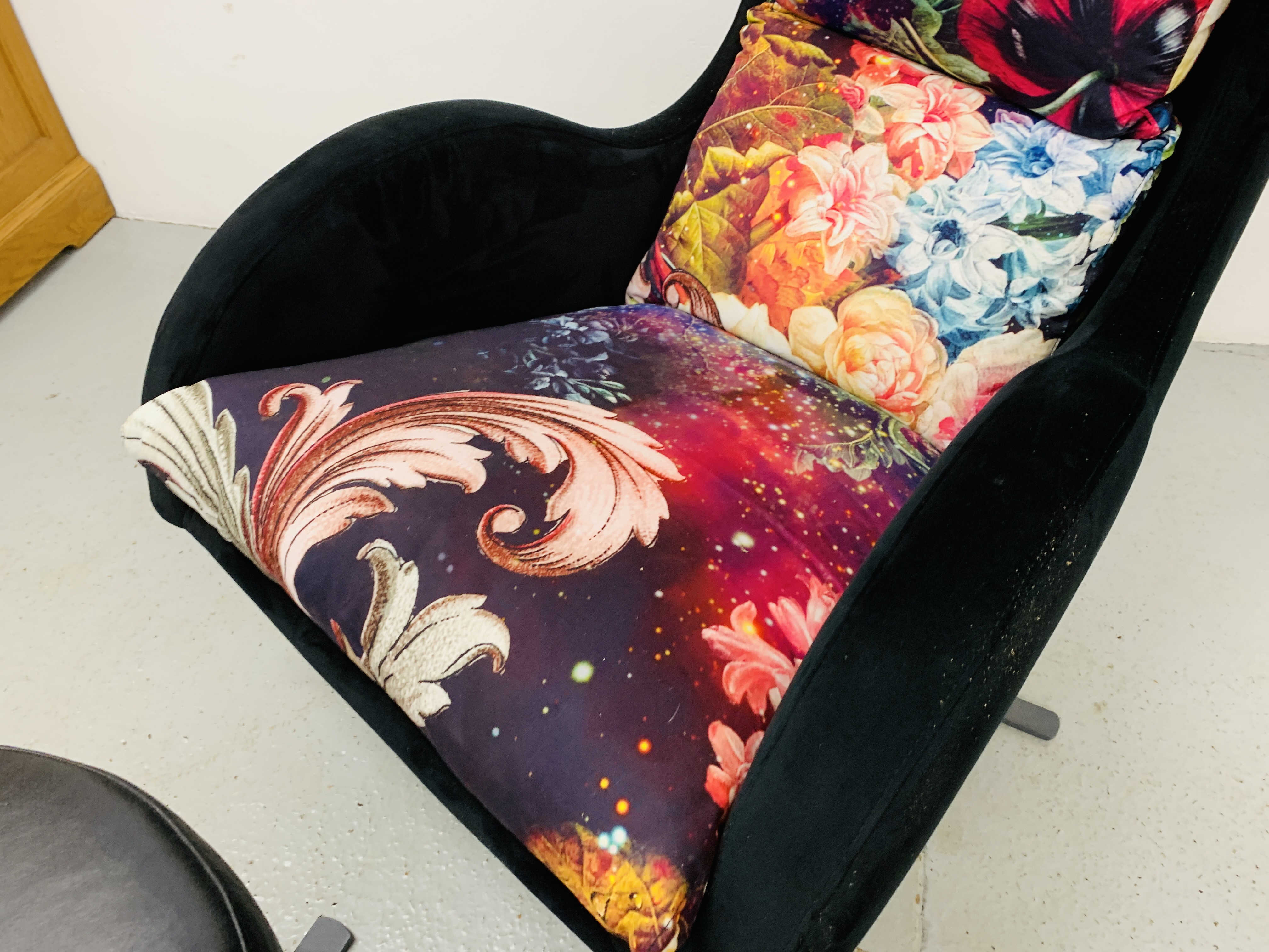 "TAMA" DESIGNER ARMCHAIR UPHOLSTERED IN BLACK SUEDE WITH FLORAL CUSHIONS TOGETHER WITH A FAUX - Image 4 of 9