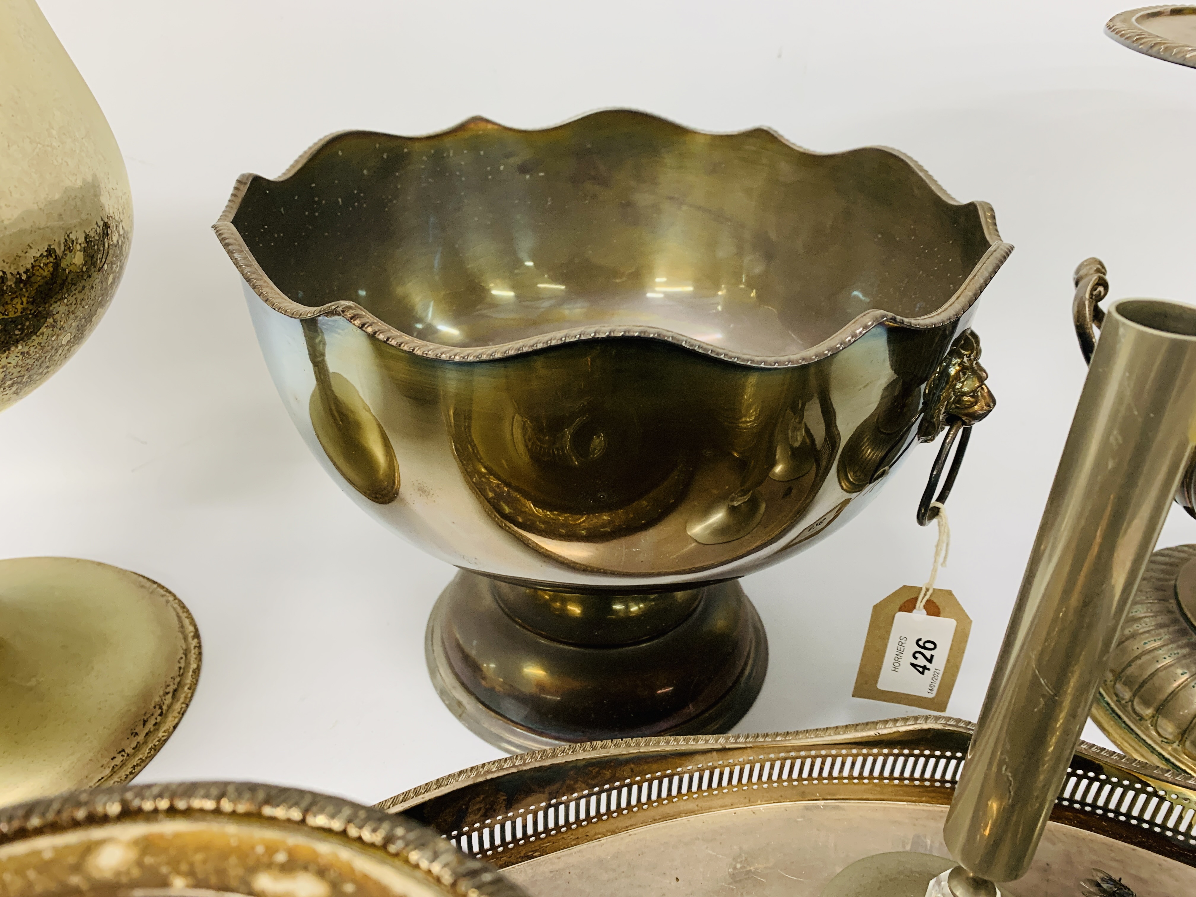 COLLECTION OF PLATED WARE TO INCLUDE TWO HANDLED GALLERY EDGE TRAY, - Image 6 of 12