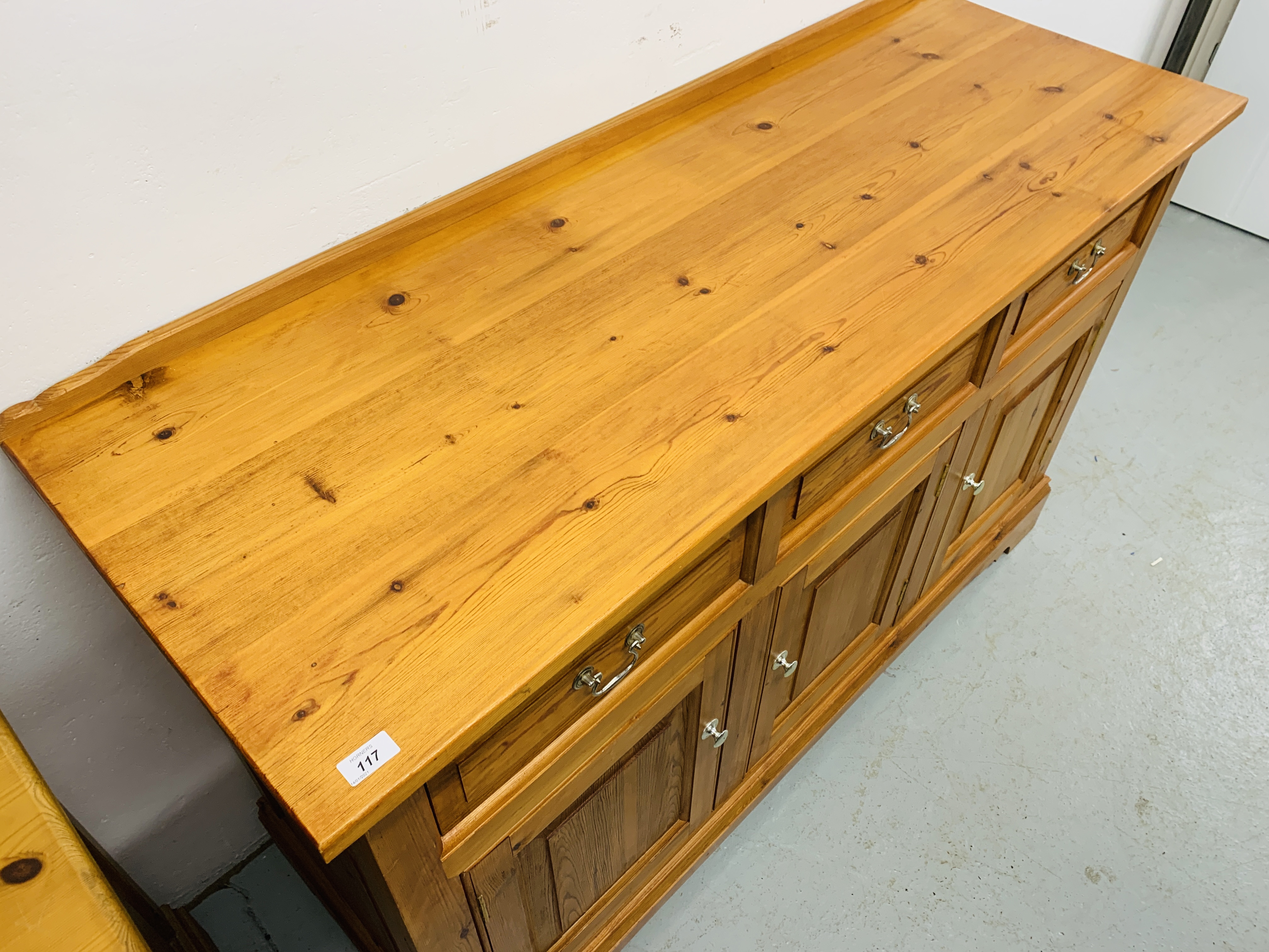A SOLID PINE THREE DRAWER DRESSER BASE - LENGTH 147cm. HEIGHT 91cm. - Image 3 of 10