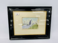 A FRAMED WATERCOLOUR BROADLAND WHERRY SCENE BEARING SIGNATURE W. LESLIE. RACKHAM 20cm x 14.