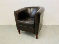 A MODERN DARK TAN FAUX LEATHER TUB CHAIR - W 70CM. D 75CM. H 80CM.