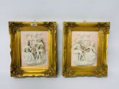 A PAIR OF REPRODUCTION GILT FRAMED PARIAN STYLE RELIEF PLAQUES OF MASQUERADING MUSICIANS,