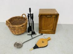 ANTIQUE OAK FINISH COAL BOX WITH FALLING FRONT DOOR - WIDTH 39CM. HEIGHT 51CM. DEPTH 34CM.