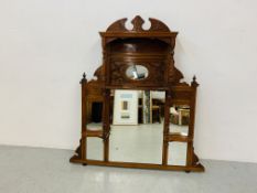 AN EDWARDIAN MAHOGANY MIRRORED OVER MANTLE.