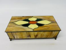 A LEADED AND STAINED GLASS TREASURY/JEWELLERY BOX. WIDTH 28cm, DEPTH 13.5cm, HEIGHT 8.