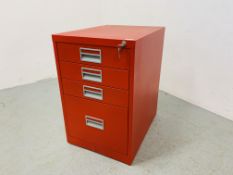 A STEEL RED FINISH FOUR DRAWER HOME FILING UNIT WITH KEYS - W 47CM. H 72CM. D 62CM.