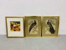 A PAIR OF FRAMED FEATHERCRAFT PICTURES - PEACOCK AND PHEASANT ALONG WITH A FRAMED LIMITED EDITION