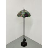 A REPRODUCTION TIFFANY STYLE LAMP STANDARD - THE SHADE DECORATED WITH PINK,