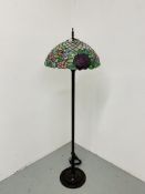 A REPRODUCTION TIFFANY STYLE LAMP STANDARD - THE SHADE DECORATED WITH PINK,