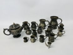 A GROUP OF ANTIQUE PEWTER TANKARDS/MEASURES, TEAPOT,