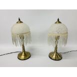 A PAIR OF DECO STYLE TABLE LAMPS WITH WHITE MARBELLED GLASS AND FRINGED SHADES - SOLD AS SEEN
