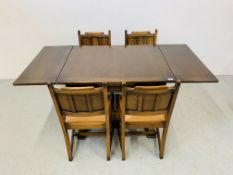 AN OAK FINISH TWIN PEDESTAL DRAWER LEAF DINING TABLE WITH CARVED BULBOUS SUPPORTS ALONG WITH A SET