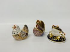 THREE ROYAL CROWN DERBY ORNAMENTS WITH GOLD STOPPERS.