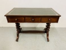 A VICTORIAN MAHOGANY THREE DRAWER WRITING TABLE WITH TWIN PEDESTAL SUPPORTS AND BOTTLE GREEN TOOLED