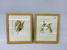 A PAIR OF BEECHWOOD FRAMED PRINTS OF HARES