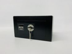 A SMALL CHUBB BLACK BOX SECURITY SAFE. KEYS WITH AUCTIONEER. WIDTH 31cm HEIGHT 18cm DEPTH 20.