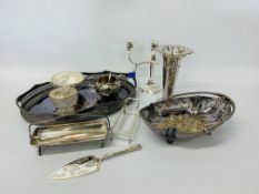 A COLLECTION OF SILVER PLATED WARES, BOXED CUTLERY ETC TO INCLUDE CANDELABRUM, BASKETS,