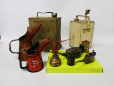 A COLLECTION OF 10 VINTAGE OIL AND FUEL CANS TO INCLUDE SHELL, VALOR, THELSON, BRAIME, SINGER,