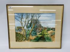 FOUR FRAMED ORIGINAL WATERCOLOURS TO INCLUDE BIDDY HOLMAN "THE STRAIGHT TRACK" 48cm x 36cm,