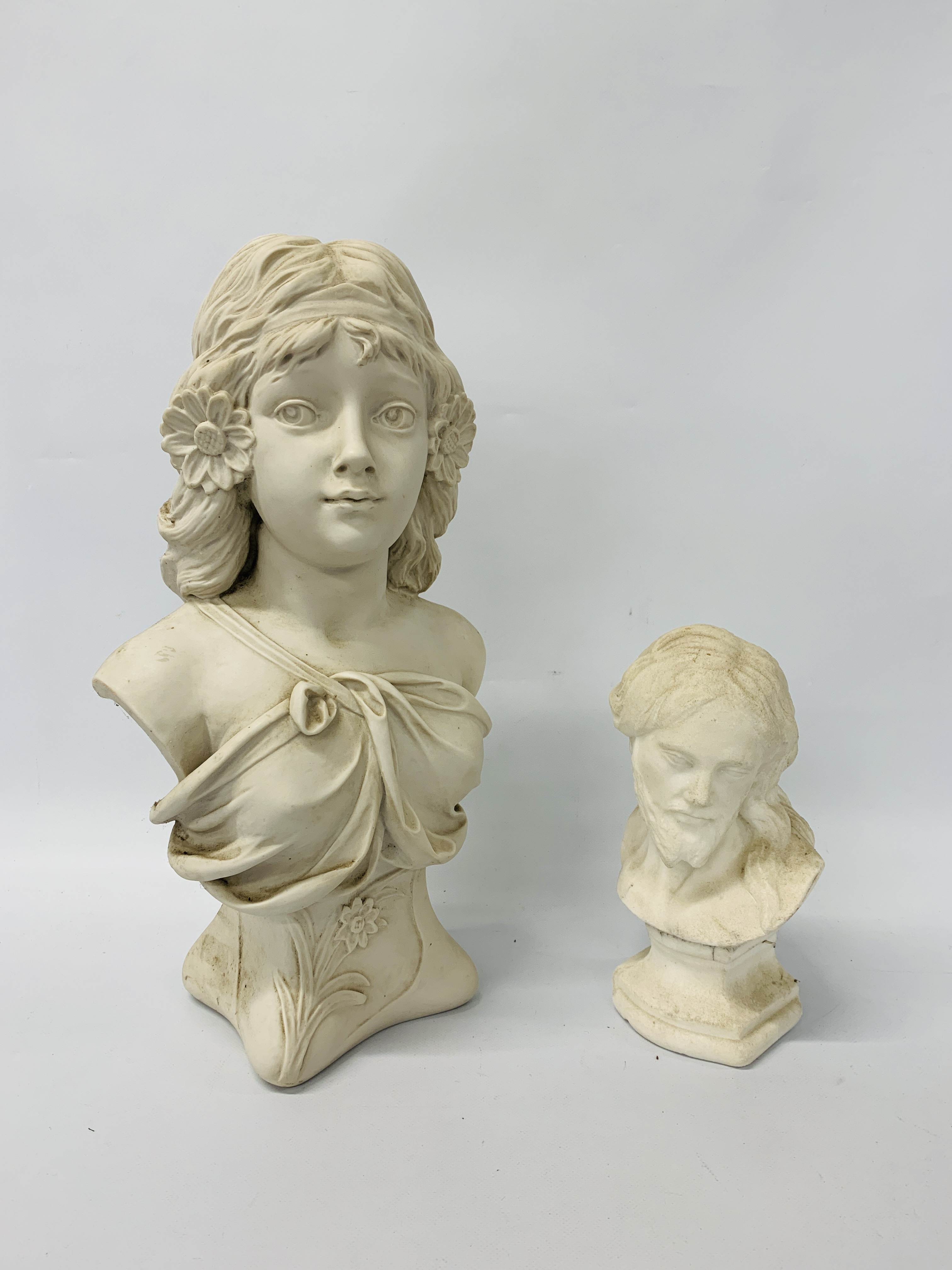 TWO CLASSICAL COMPOSITE BUSTS THE LARGE 50cm HIGH THE BACK MARKED BOWELLS PARIS 1921 407 FRANCE