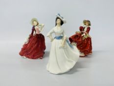 THREE ROYAL DOULTON PORCELAIN COLLECTOR'S FIGURES "TOP O' THE HILL" HN1834, "AUTUMN BREEZES" HN1934,