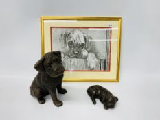 A RESIN STUDY OF BOXER DOG AND RESIN STUDY OF SLEEPING BOXER DOG PUPPY ALONG WITH FRAMED BOXER DOG