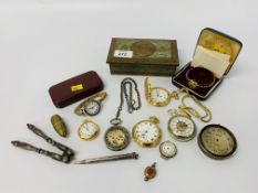 A VINTAGE CORONATION WOODBINE CIGARETTES TIN CONTAINING SIX VARIOUS WATCHES TO INCLUDE SMITHS AND