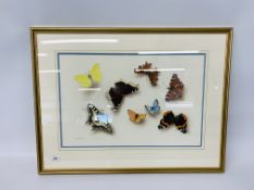 AN ORIGINAL FRAMED AND MOUNTED WATERCOLOUR STUDY OF BUTTERFLIES BEARING SIGNATURE G.