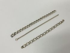 THREE SILVER BRACELETS TO INCLUDE HEAVY CURB LINK AND OPEN HEART DESIGN