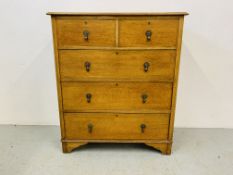 A SOLID OAK TWO OVER THREE CHEST OF DRAWERS - W 92CM. H 107CM. D 47CM.