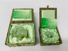 TWO JADE MINATURE ANIMAL SCULPTURES "PIG" HEIGHT 3cm LENGTH 5cm AND ELEPHANT HEIGHT 6cm LENGTH 7.