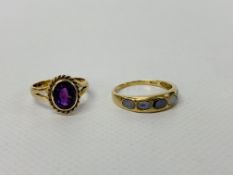 9CT GOLD RING SET WITH FOUR OPALS (TWO STONES A/F AND A 9CT GOLD RING SET WITH PURPLE STONE