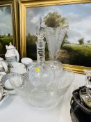 LEAD CRYSTAL VASE - H 36cm TOGETHER WITH A CRYSTAL DECANTER & LARGE BOWL (BEARING WHAT APPEAR TO BE