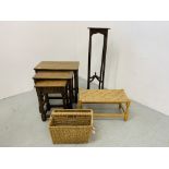 A NEST OF THREE OAK GRADUATED OCCASIONAL TABLES, AN OAK PLANT STAND,