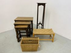 A NEST OF THREE OAK GRADUATED OCCASIONAL TABLES, AN OAK PLANT STAND,