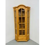 PINE 5 SIDED CORNER CABINET WITH GLAZED SIDES AND DOOR WITH SINGLE DRAWER BELOW,