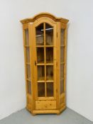 PINE 5 SIDED CORNER CABINET WITH GLAZED SIDES AND DOOR WITH SINGLE DRAWER BELOW,