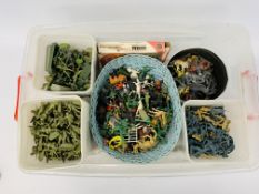 BOX CONTAINING LARGE QTY MIXED TOY SOLDIERS AND ANIMALS TO INCLUDE SOME BRITAINS TOY SOLDIERS