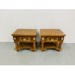 A PAIR OF STAINED PITCH PINE SIDE TABLES WITH DRAWER AND LOWER SHELF WITH CAST METAL AND PORCELAIN