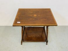 A ROSEWOOD SIDE TABLE WITH INLAID MARQUETRY DETAIL ON TURNED LEG SUPPORTS WITH SHELF BELOW.