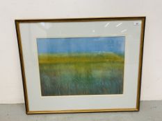 A FRAMED AND MOUNTED OIL PASTEL "NORFOLK MEADOW" BEARING SIGNATURE MARGARET MATTHEWS 57cm x 41cm